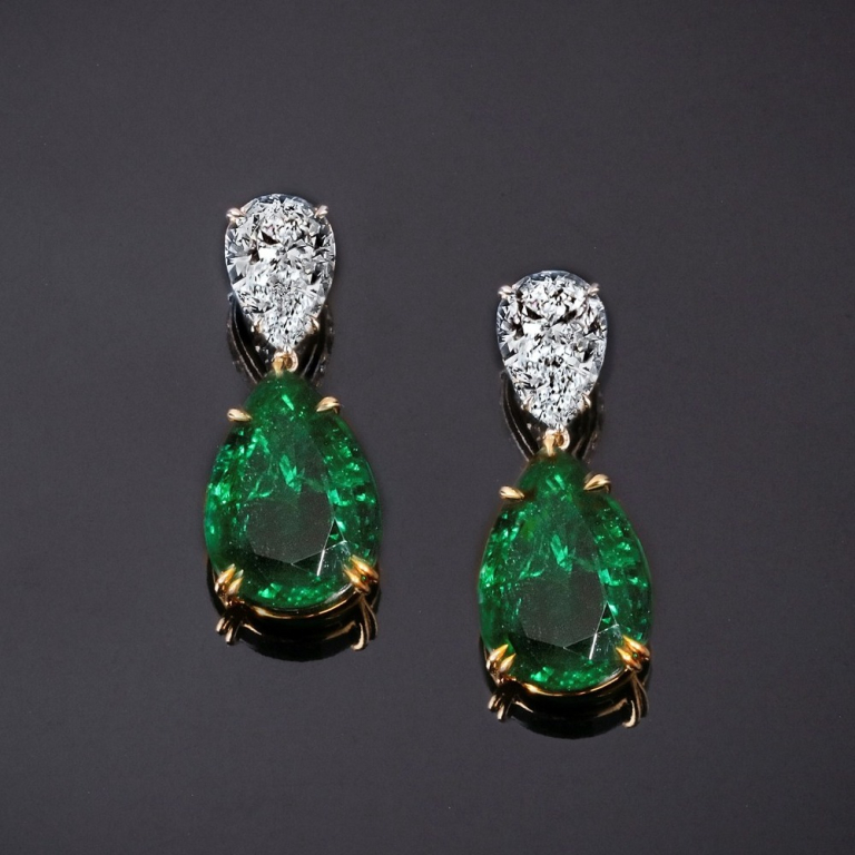 Eden, Drop cut emerald and diamond earrings